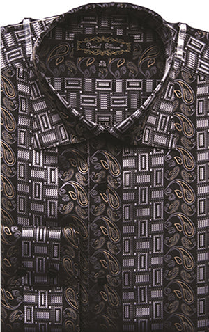 Men's Regular Fit Fancy Tonal Paisley Pattern Sports Shirt in Black 2XL / Black