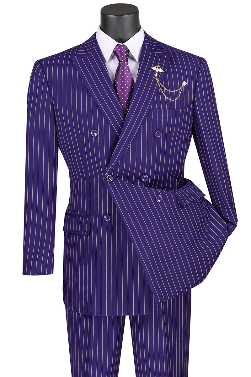 Mens Double Breasted Gangster Bold Pinstripe Suit in Purple SignatureMenswear Mens Double Breasted Gangster Bold Pinstripe Suit in Purple SignatureMenswear