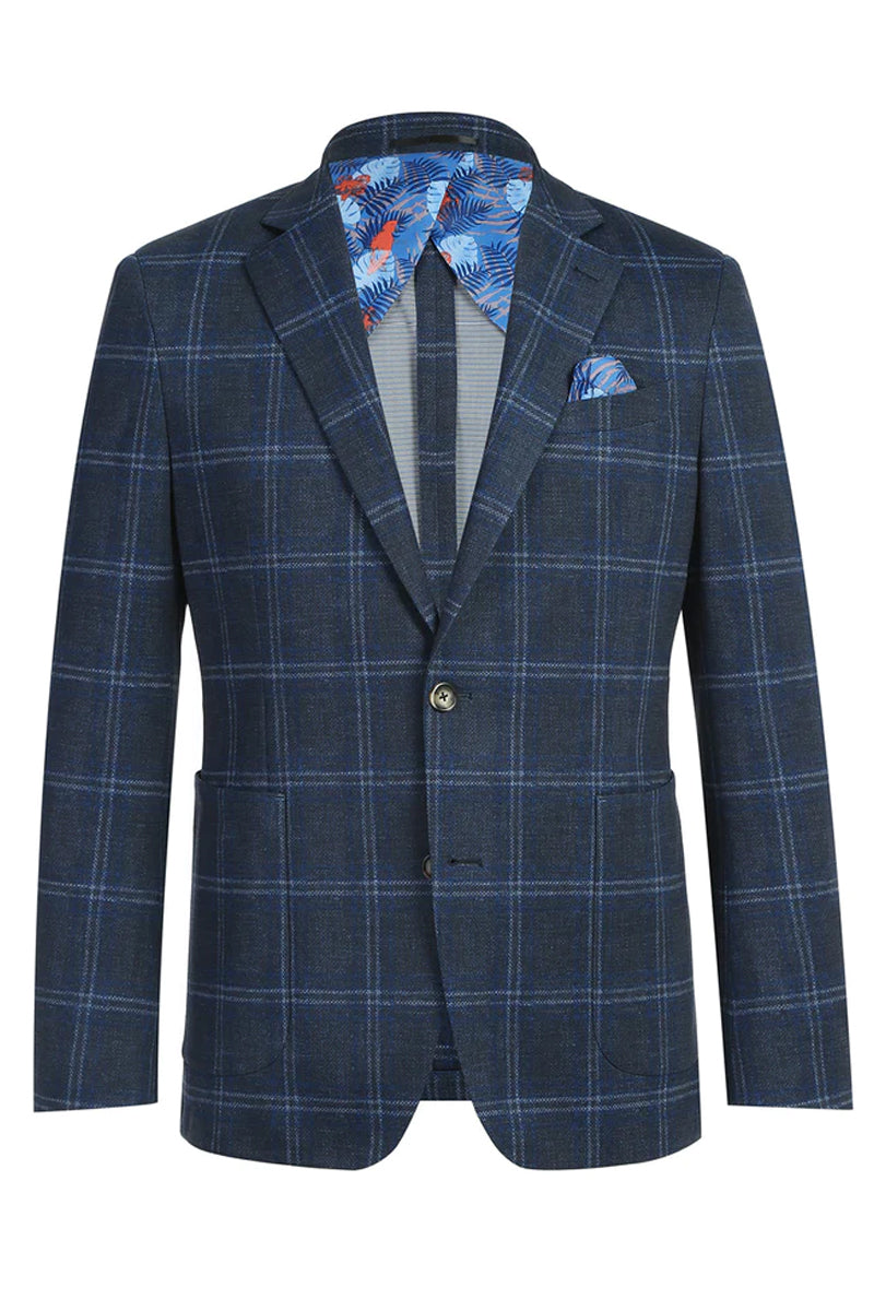 Men's Modern Fit Wool & Cashmere Patch Pocket Sport Coat Blazer in Blue Windowpane Plaid