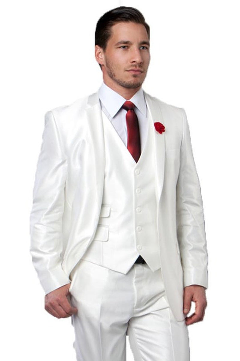 Men's Two Button Vested Shiny Sharkskin Wedding & Prom Fashion Suit in Ivory 48 Regular / Ivory