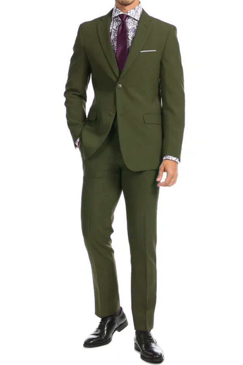 Mens Two Button Modern Fit Wool Feel Suit in Olive Green 38 Long / Olive Mens Two Button Modern Fit Wool Feel Suit in Olive Green 38 Long / Olive