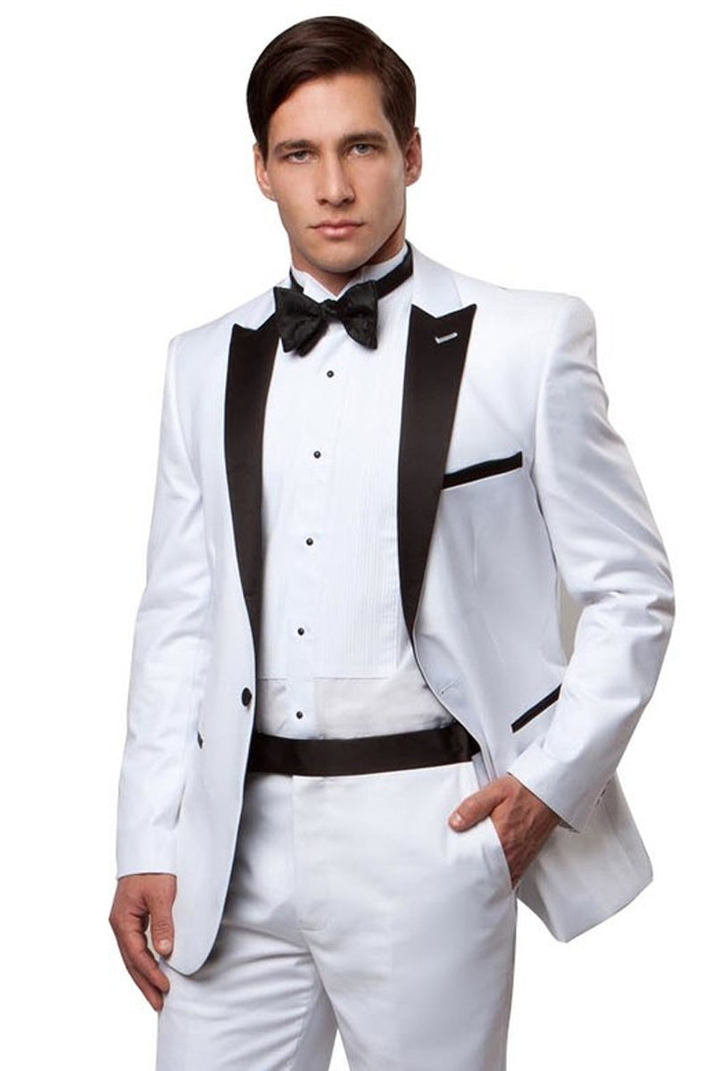 Men's Slim Fit One Button Peak Lapel Wedding Tuxedo In White & Black 