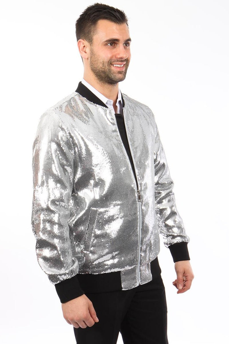 Men s Shiny Sequin Bomber Jacket in Silver