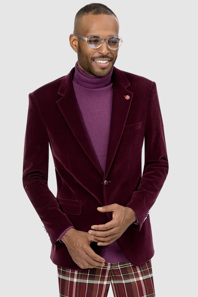Mens Two Button Modern Fit Velvet Blazer in Burgundy SignatureMenswear