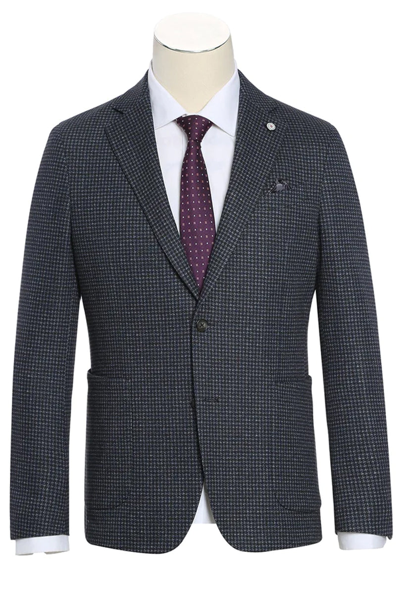 Men's Modern Fit Patch Pocket Designer Wool Summer Blazer in Eggplant Windowpane Plaid