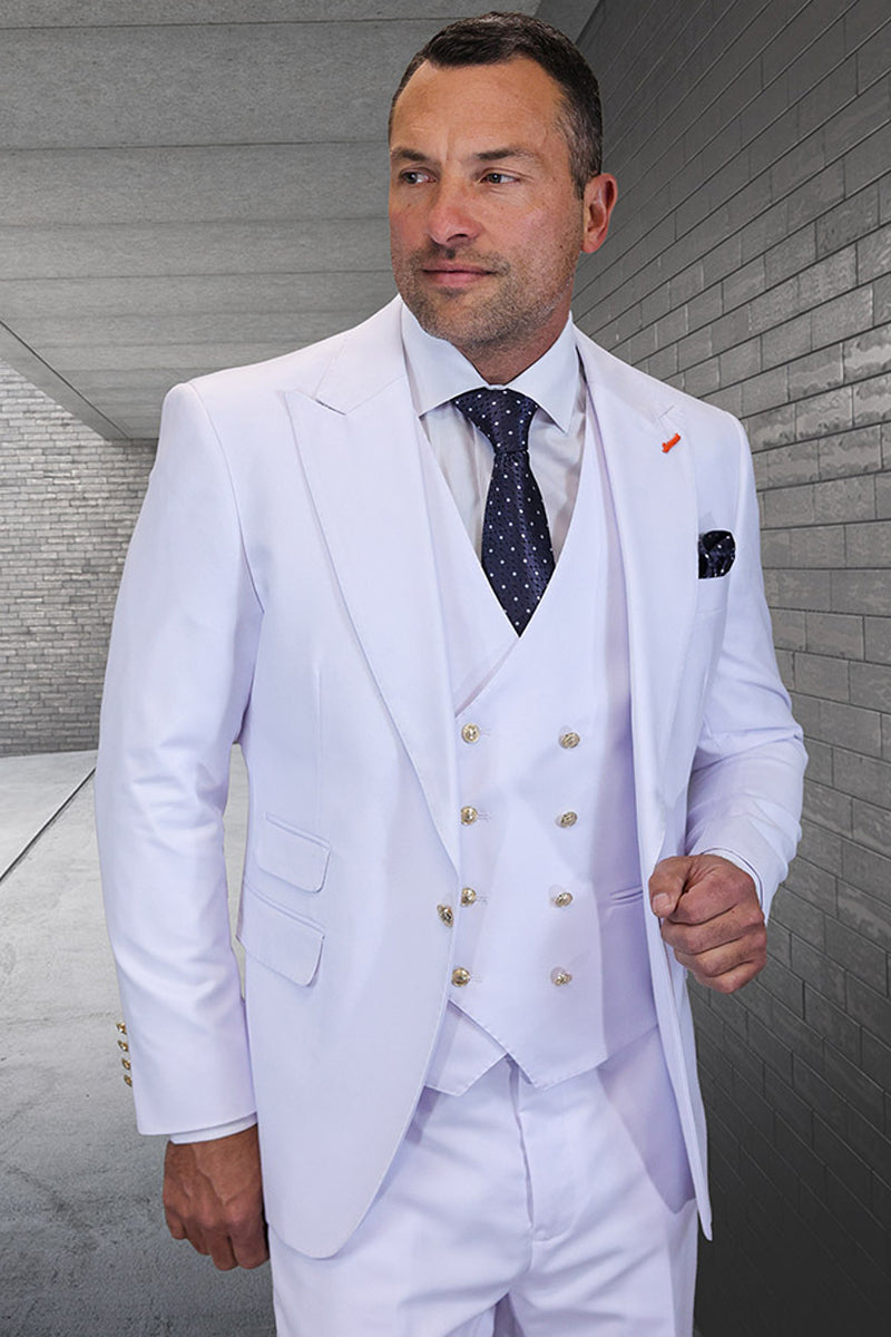 Men's Designer Wool Vested One Button Peak Lapel Suit in White with Gold Buttons