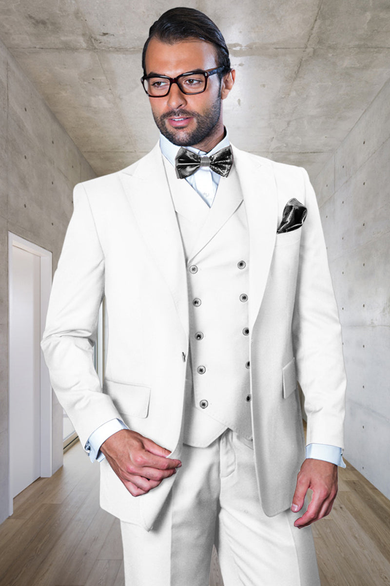 Men's Designer Vested One Button Peak Lapel Wide Leg Pant Wool Suit in White