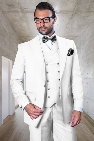 Men's Designer Vested One Button Peak Lapel Wide Leg Pant Wool Suit in White