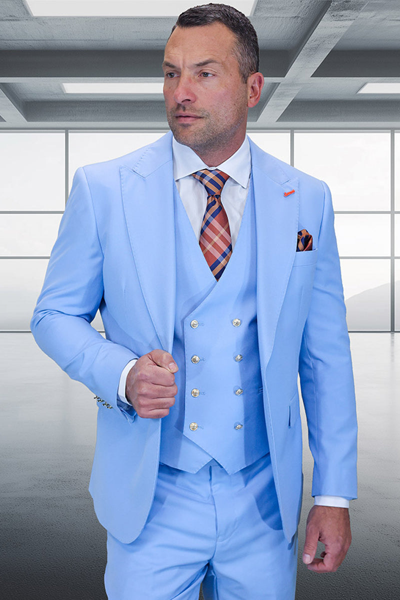 Men's Designer Wool Vested One Button Peak Lapel Suit in Sky Blue with Gold Buttons