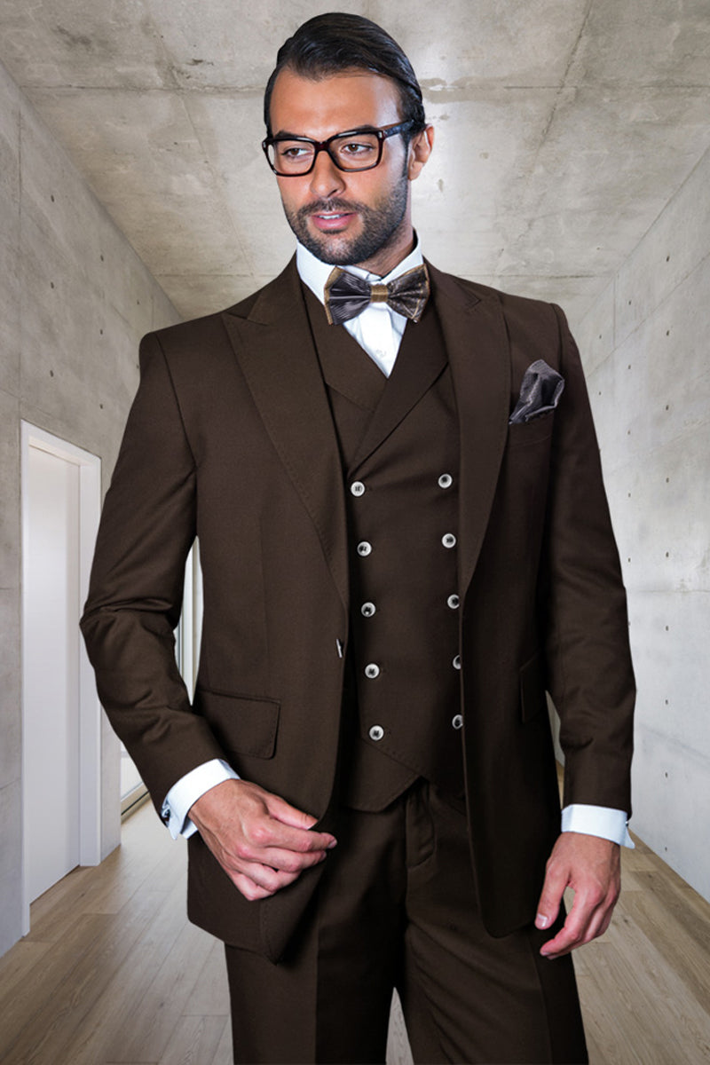 Men's Designer Vested One Button Peak Lapel Wide Leg Pant Wool Suit in Brown