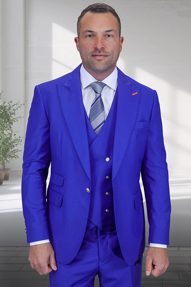 Men's Designer Wool Vested One Button Peak Lapel Suit in Royal Blue with Gold Buttons