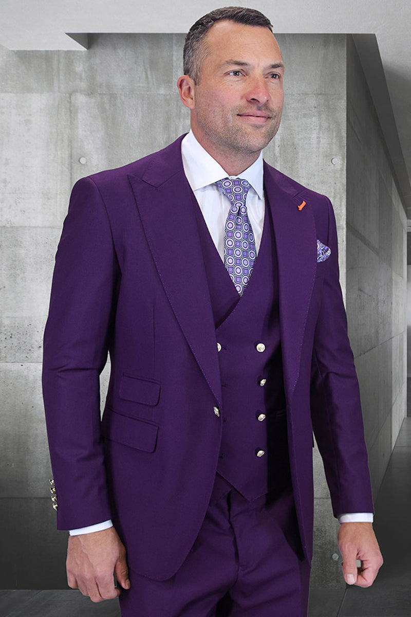 Men's Designer Wool Vested One Button Peak Lapel Suit in Purple Plum with Gold Buttons