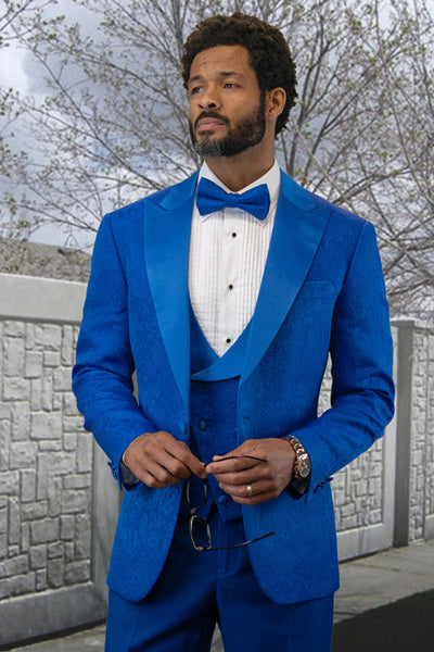 Men's Designer Vested Tonal Paisley Wedding & Prom Tuxedo in Royal Blue