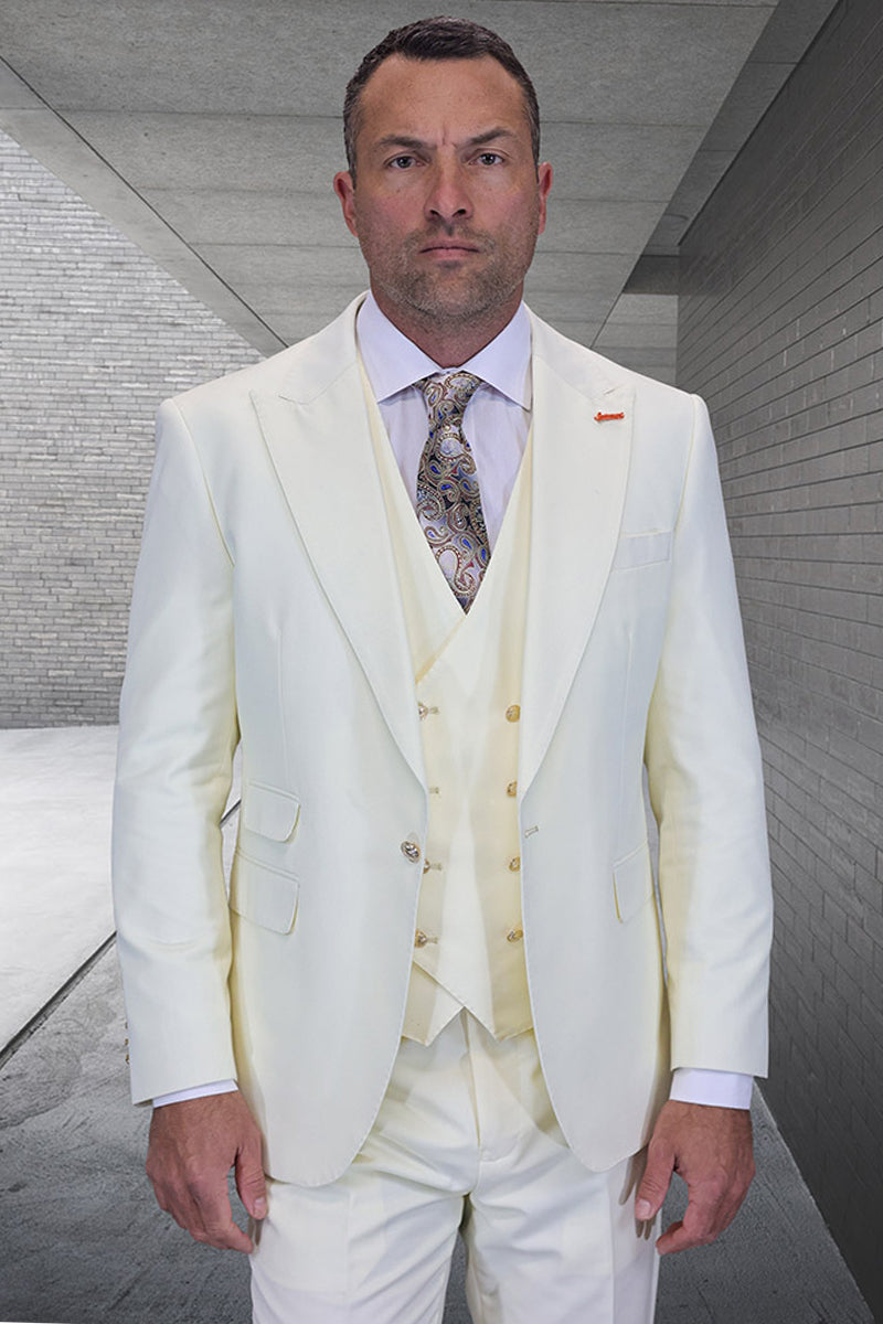 Men's Designer Wool Vested One Button Peak Lapel Suit in Off White Ivory with Gold Buttons