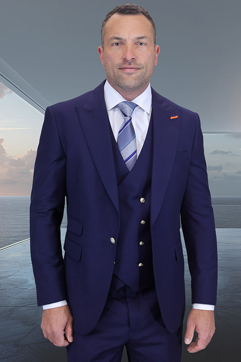 Men's Designer Wool Vested One Button Peak Lapel Suit in Navy Blue with Gold Buttons