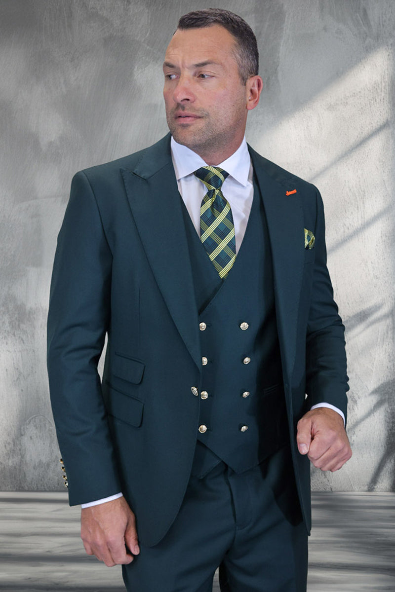 Men's Designer Wool Vested One Button Peak Lapel Suit in Hunter Green with Gold Buttons