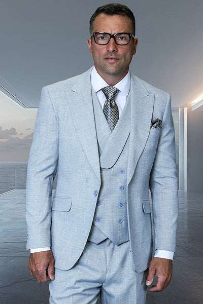 Men's Designer One Button Peak Lapel Italian Wool Suit with Double Breasted Vest in Summer Blue