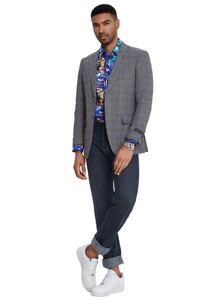 Men's Slim Fit Two Button Sport Coat Blazer in Grey Glen Check