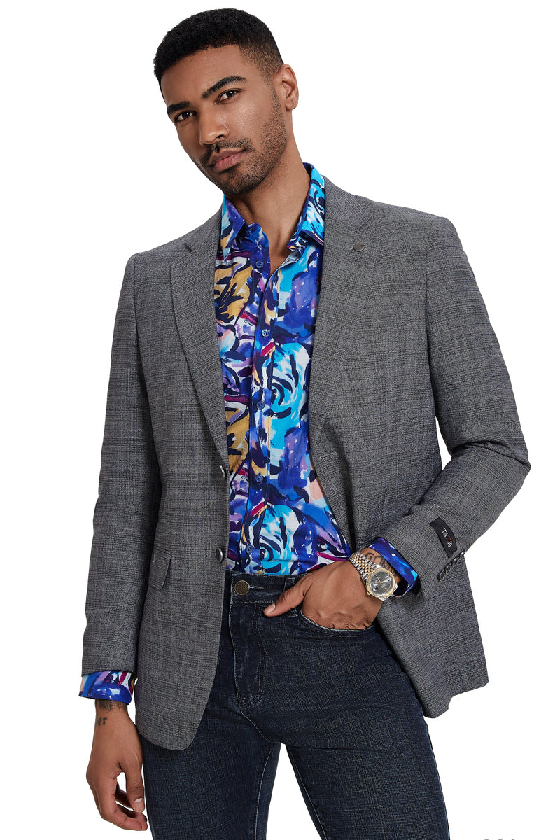 Men's Slim Fit Two Button Sport Coat Blazer in Grey Glen Check