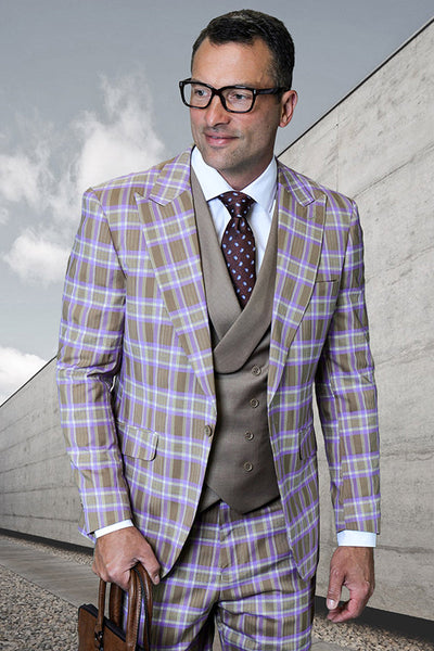 Men's Designer One Button Peak Lapel Italian Wool Suit with Double Breasted Vest in Taupe Plaid