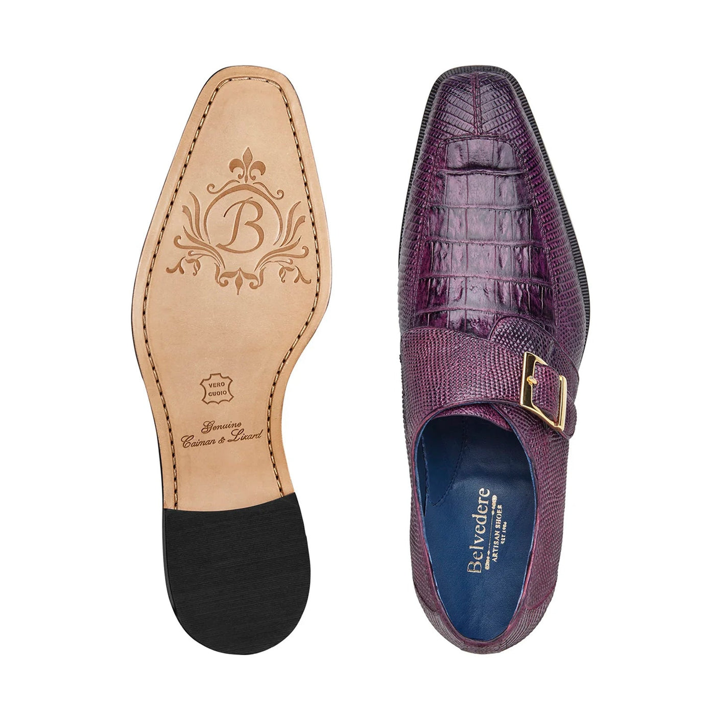 Men's Belvedere Pablo Crocodile & Lizard Moc-Toe Monk Strap Dress Shoe in Purple