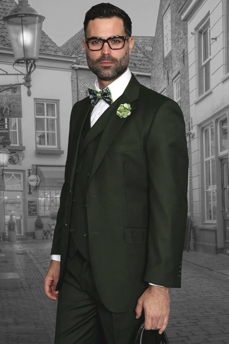 Men's Designer Classic Fit Pleated Pant Wool Suit with Double Breasted Vest in Olive