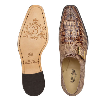Men's Belvedere Pablo Crocodile & Lizard Moc-Toe Monk Strap Dress Shoe in Espresso