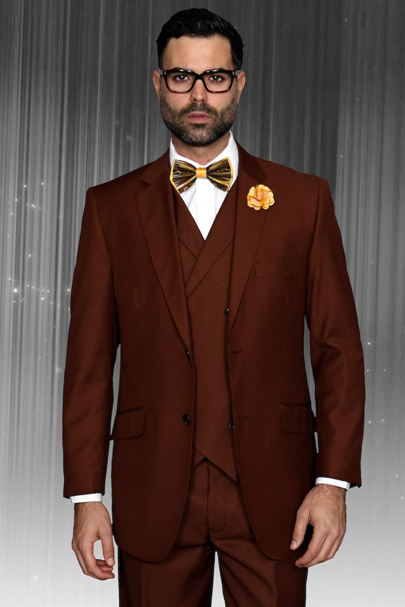 Men's Designer Classic Fit Pleated Pant Wool Suit with Double Breasted Vest in Copper