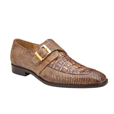 Men's Belvedere Pablo Crocodile & Lizard Moc-Toe Monk Strap Dress Shoe in Espresso