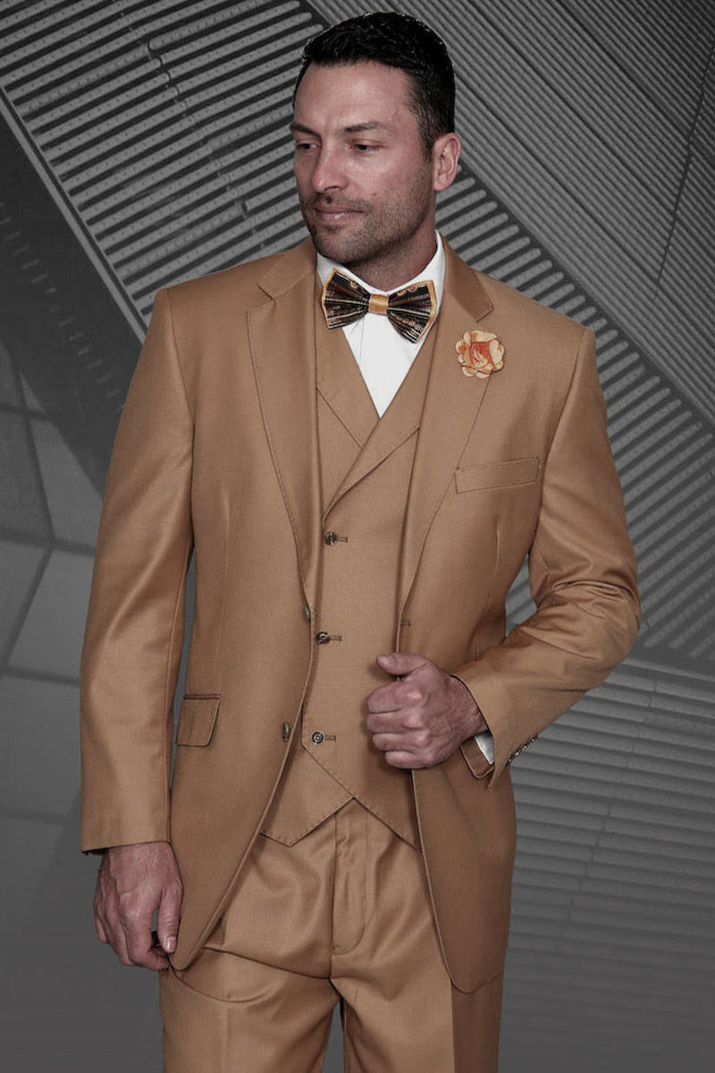 Men's Designer Classic Fit Pleated Pant Wool Suit with Double Breasted Vest in Caramel