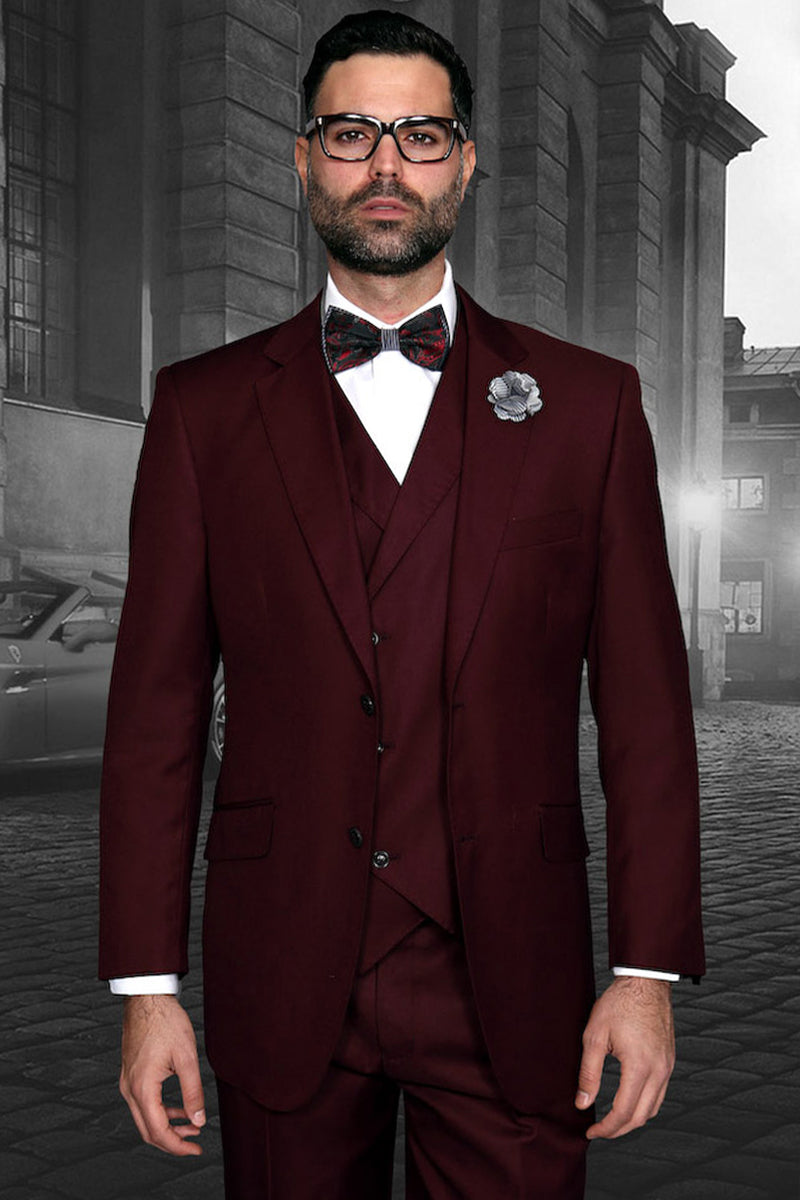 Men's Designer Classic Fit Pleated Pant Wool Suit with Double Breasted Vest in Burgundy