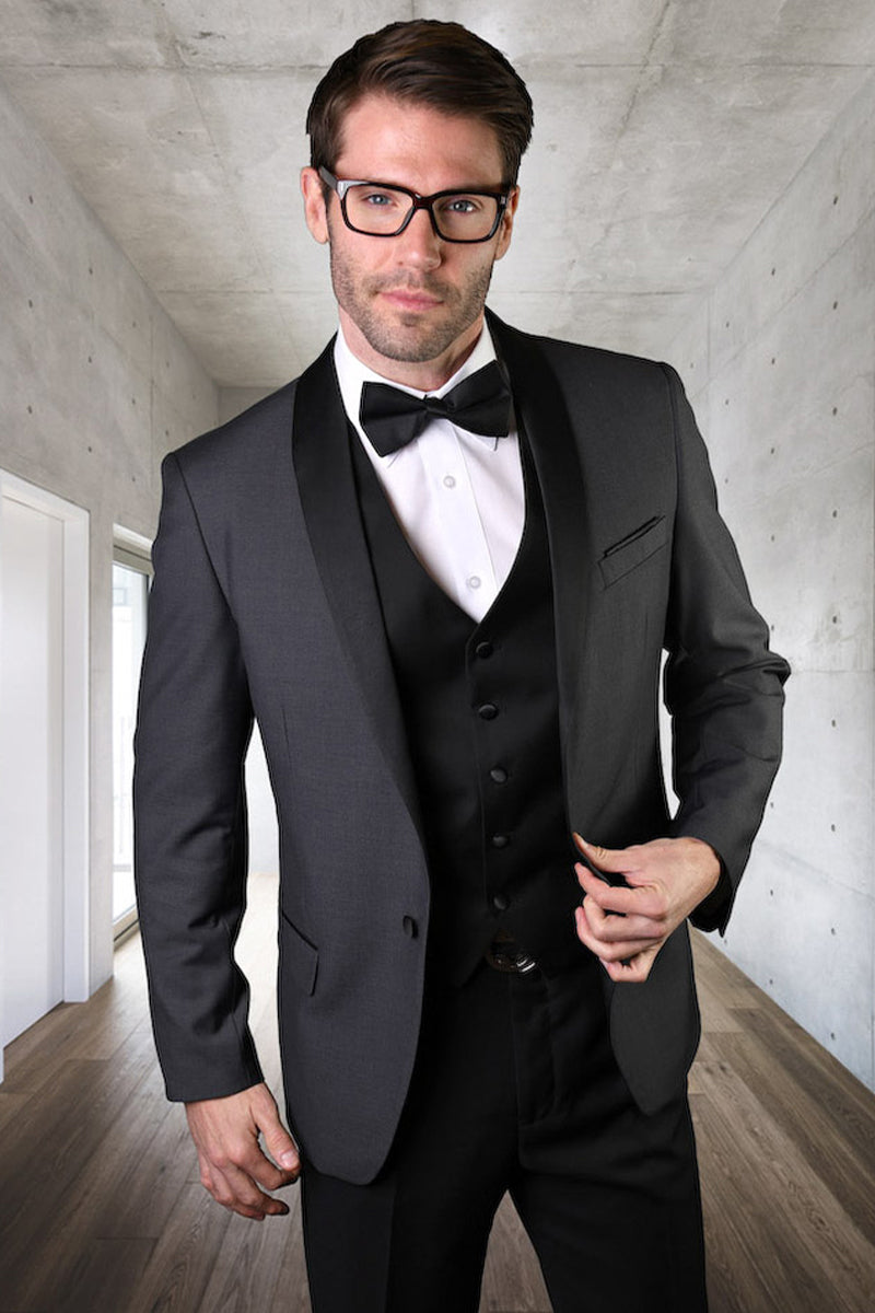 Men's Vested Classic Dinner Jacket Wedding Tuxedo in Charcoal Grey