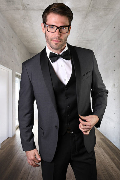 Men's Vested Classic Dinner Jacket Wedding Tuxedo in Charcoal Grey