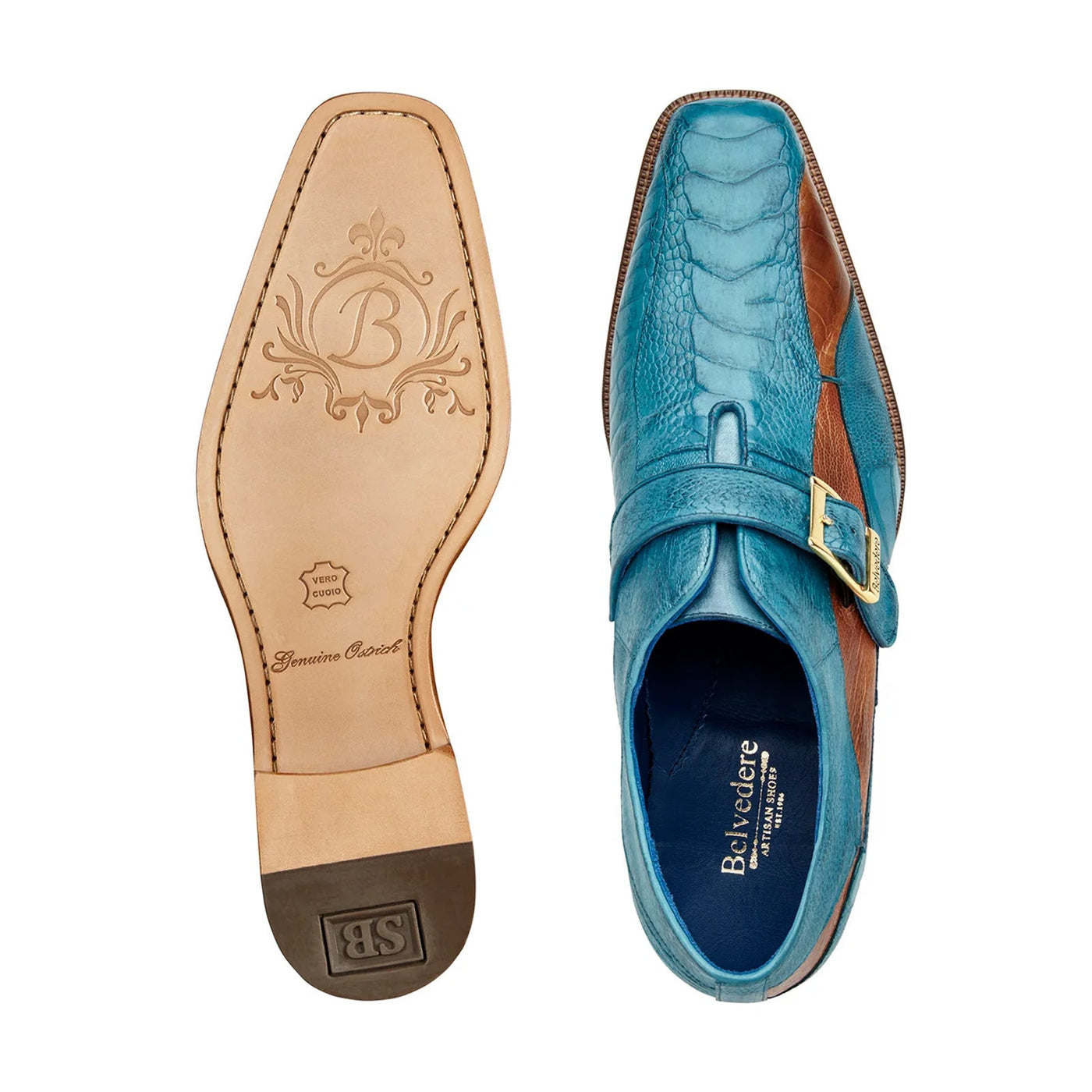 Men's Belvedere Marte Ostrich Leg Monk Strap Dress Shoe in Ocean Blue & Brandy