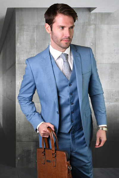 Men's Designer Vested Modern Fit Wool Business & Wedding Suit in Steel Blue