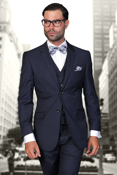 Men's Designer Vested Modern Fit Wool Business & Wedding Suit in Navy Blue
