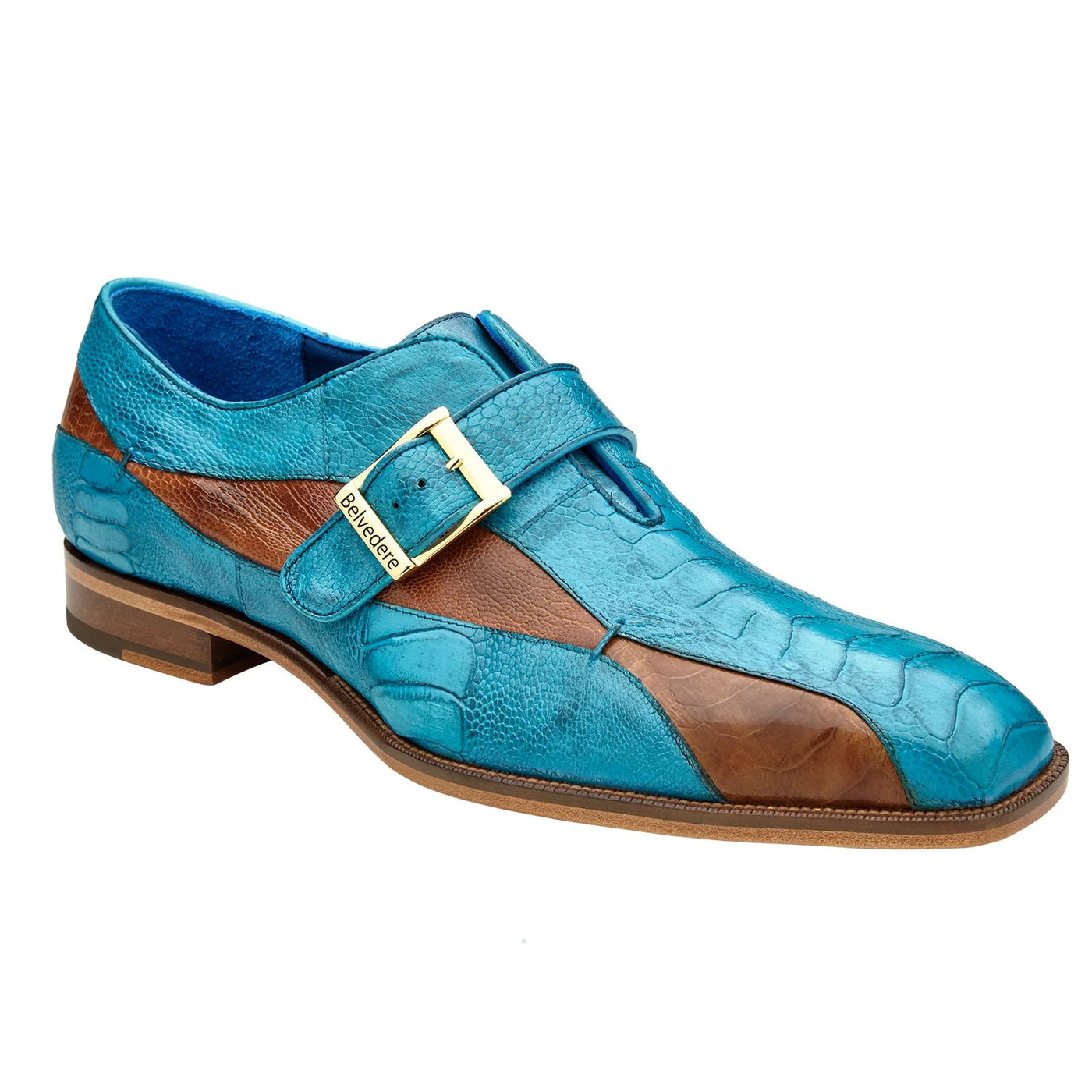 Men's Belvedere Marte Ostrich Leg Monk Strap Dress Shoe in Ocean Blue & Brandy