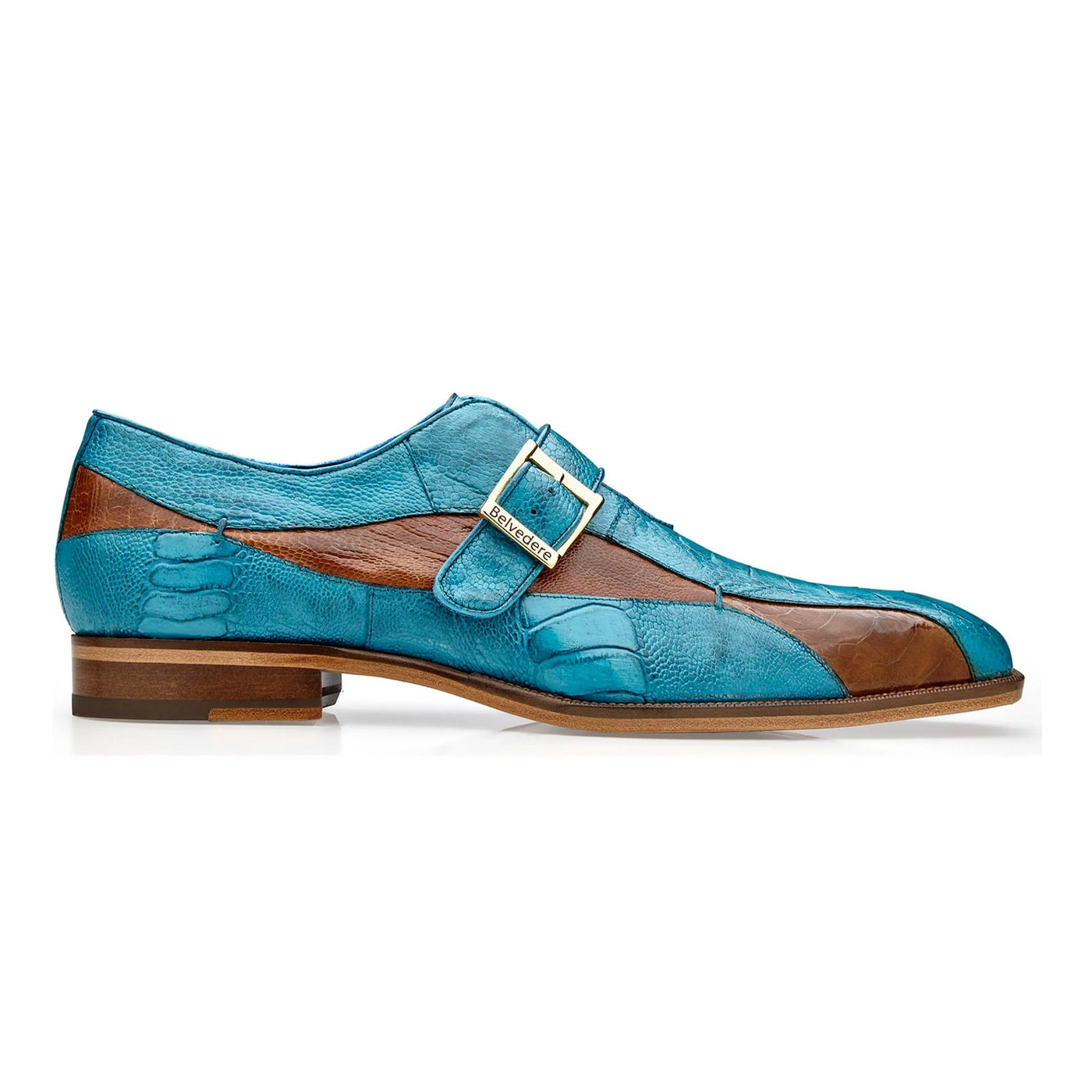 Men's Belvedere Marte Ostrich Leg Monk Strap Dress Shoe in Ocean Blue & Brandy