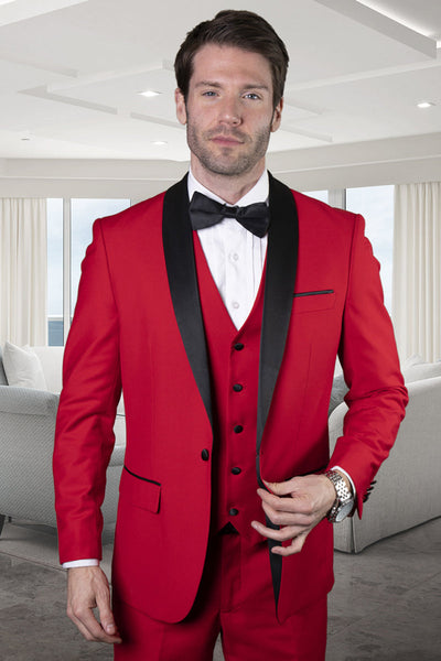 Men's Designer Wool One Button Shawl Lapel Wedding Tuxedo in Red