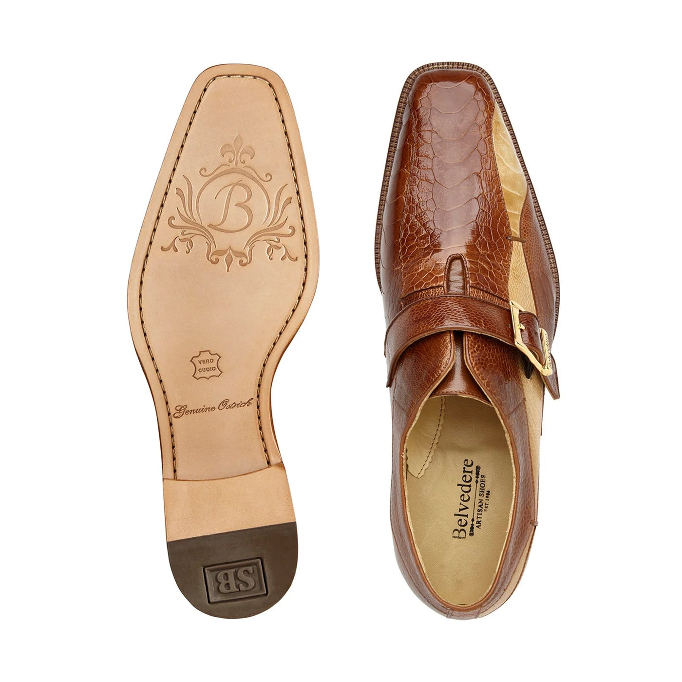 Men's Belvedere Marte Ostrich Leg Monk Strap Dress Shoe in Camel & Bone