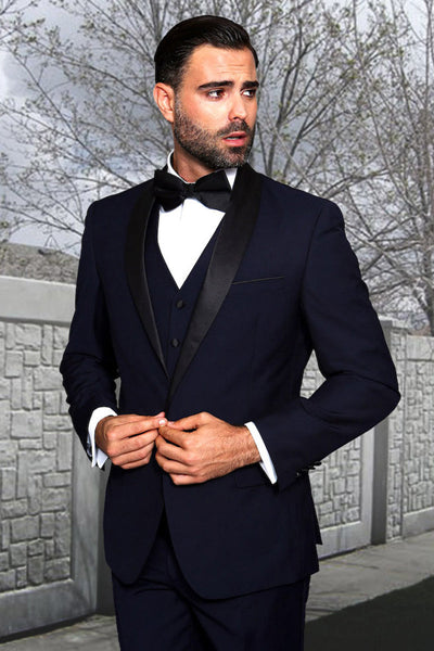 Men's Designer Wool One Button Shawl Lapel Wedding Tuxedo in Navy Blue with Black Lapel