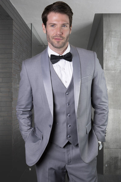 Men's Designer Wool One Button Shawl Lapel Wedding Tuxedo in Grey with Grey Lapel