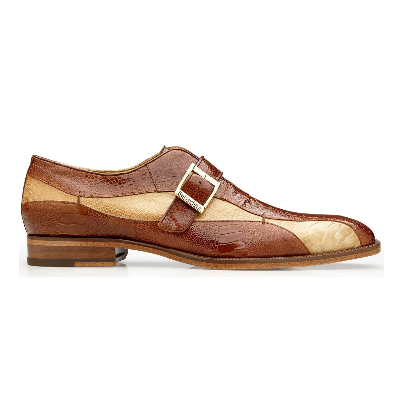 Men's Belvedere Marte Ostrich Leg Monk Strap Dress Shoe in Camel & Bone