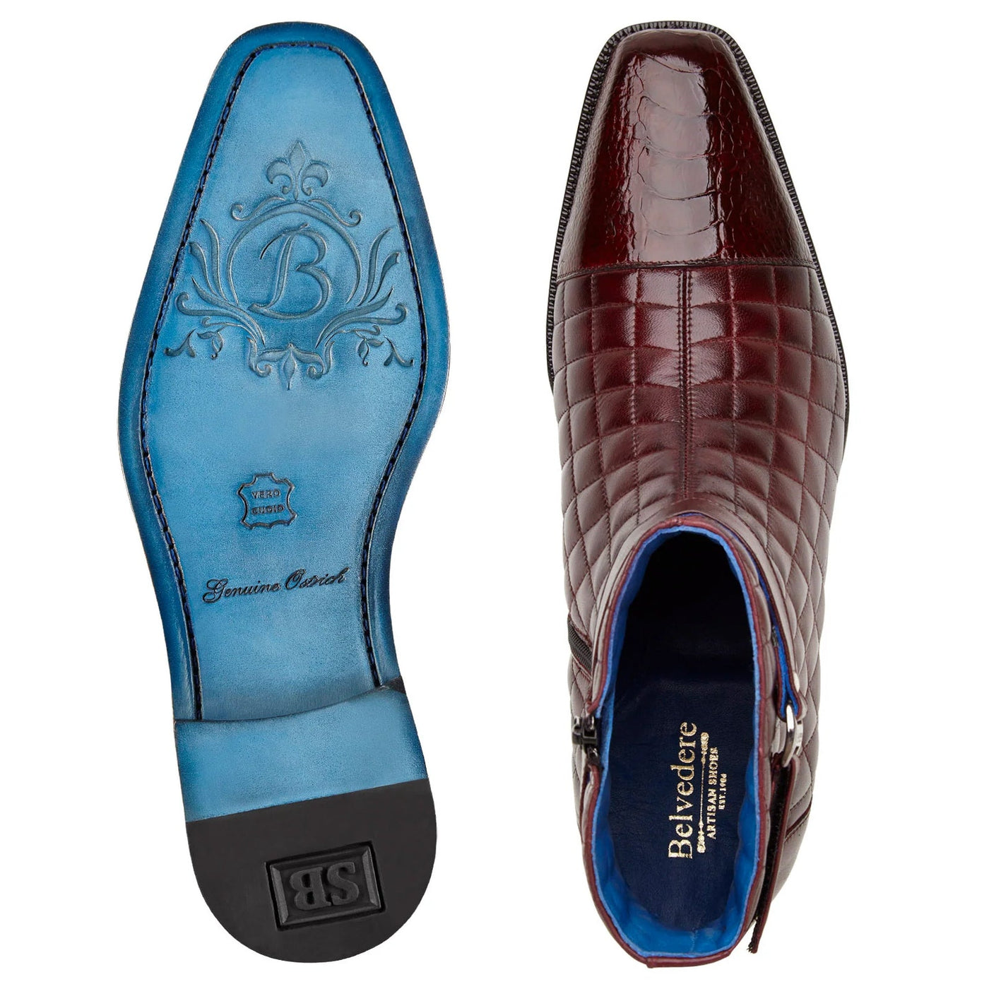 Men's Belvedere Libero Quilted Leather & Ostrich Leg Cap Toe Chelsea Boot in Burgundy