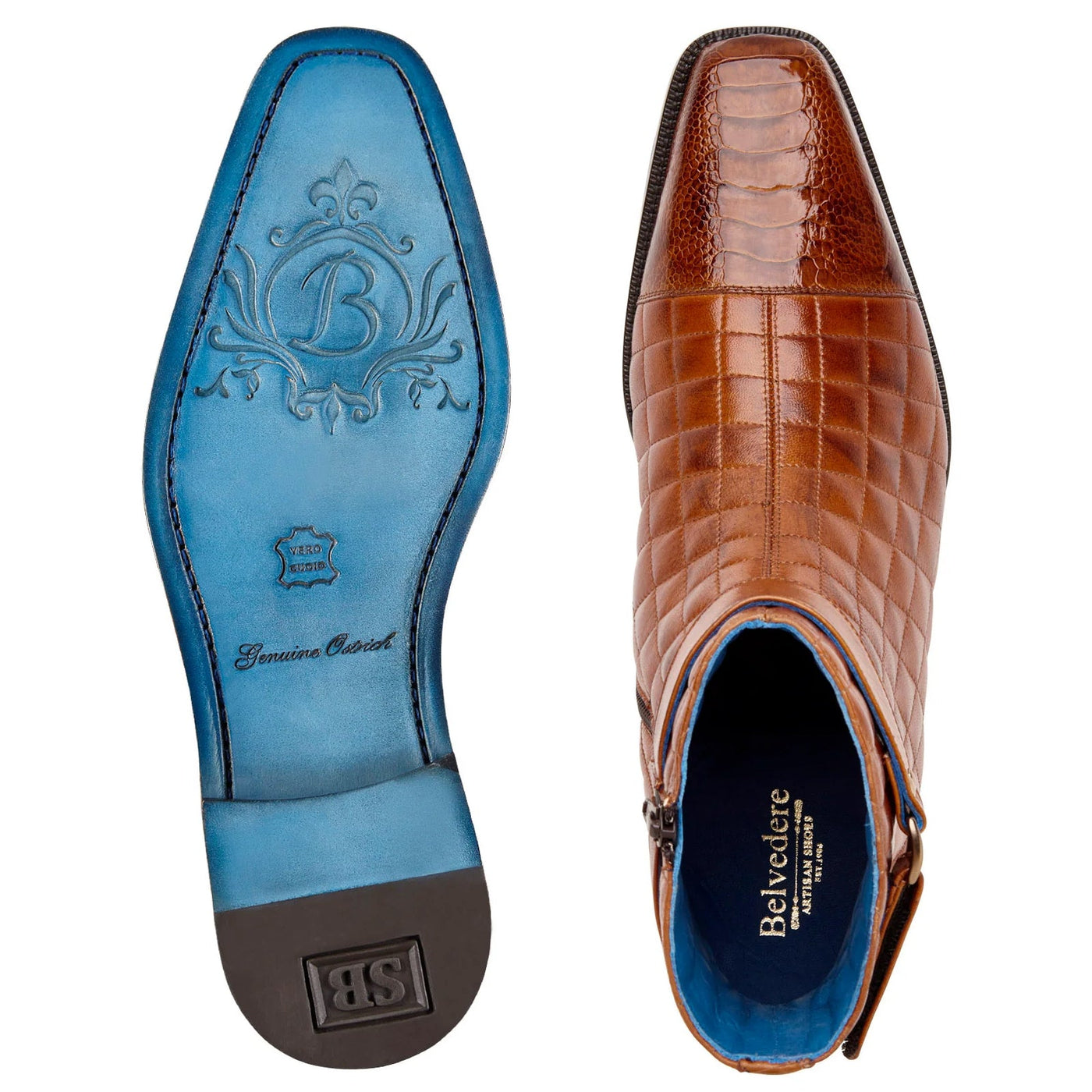 Men's Belvedere Libero Quilted Leather & Ostrich Leg Cap Toe Chelsea Boot in Almond