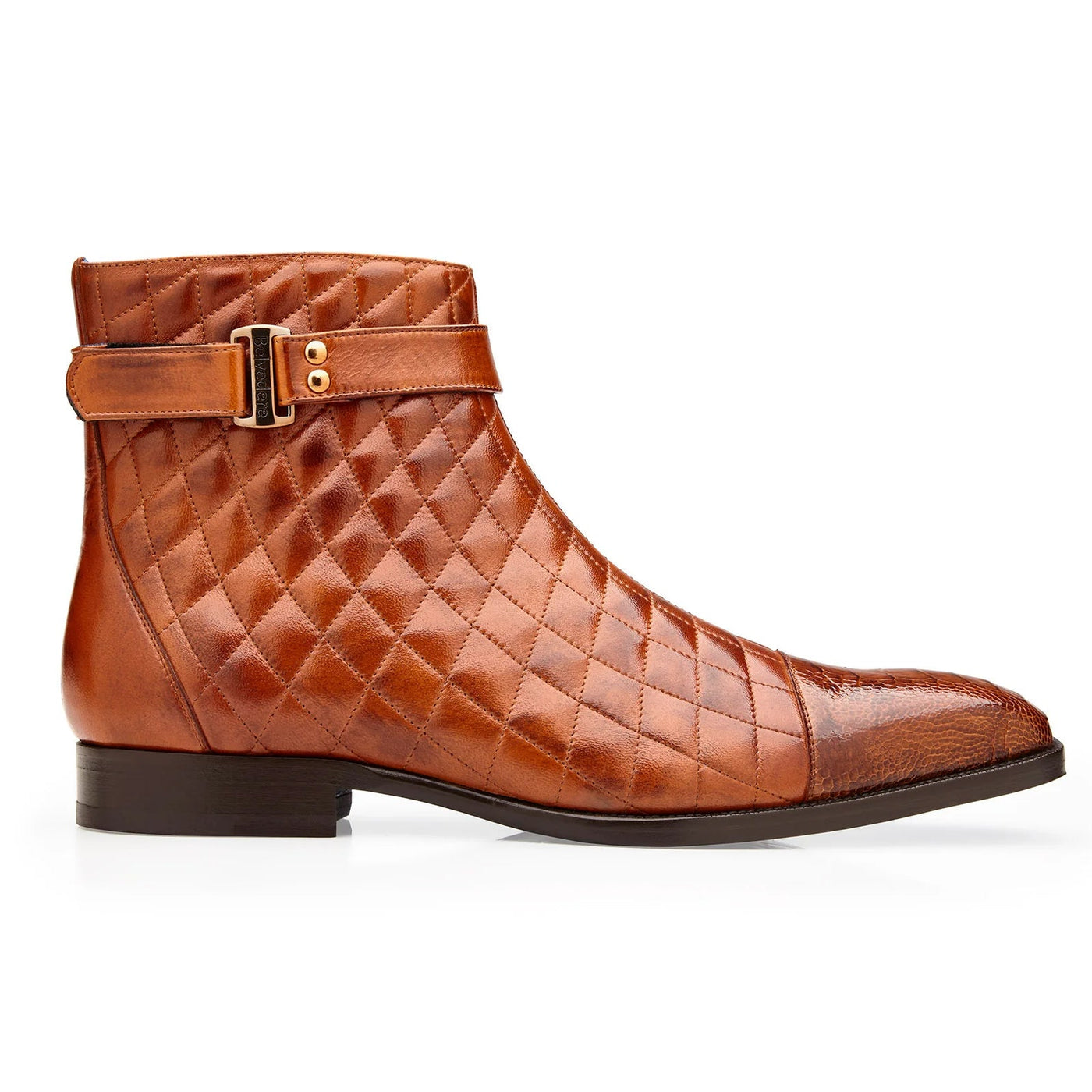 Men's Belvedere Libero Quilted Leather & Ostrich Leg Cap Toe Chelsea Boot in Almond