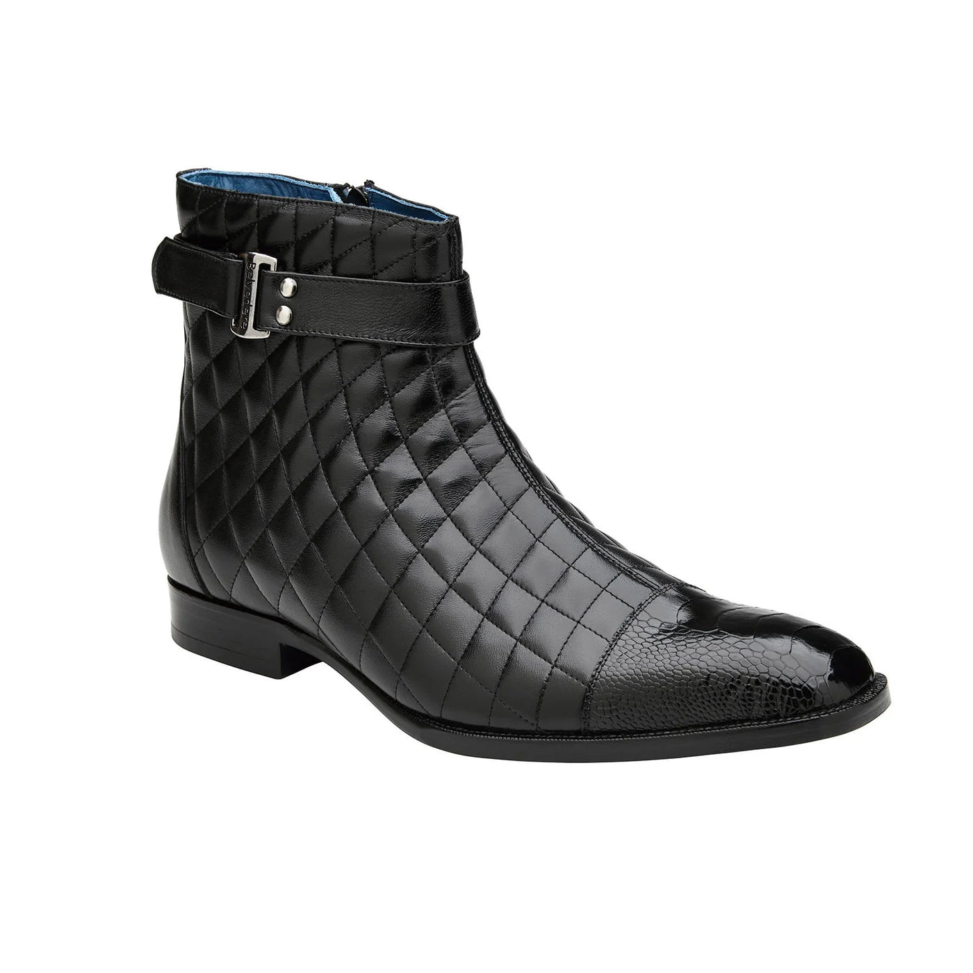 Men's Belvedere Libero Quilted Leather & Ostrich Leg Cap Toe Chelsea Boot in Black