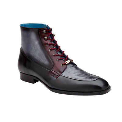 Men's Belvedere Greco Ostrich Quill & Italian Leather Dress Boot in Black & Burgundy