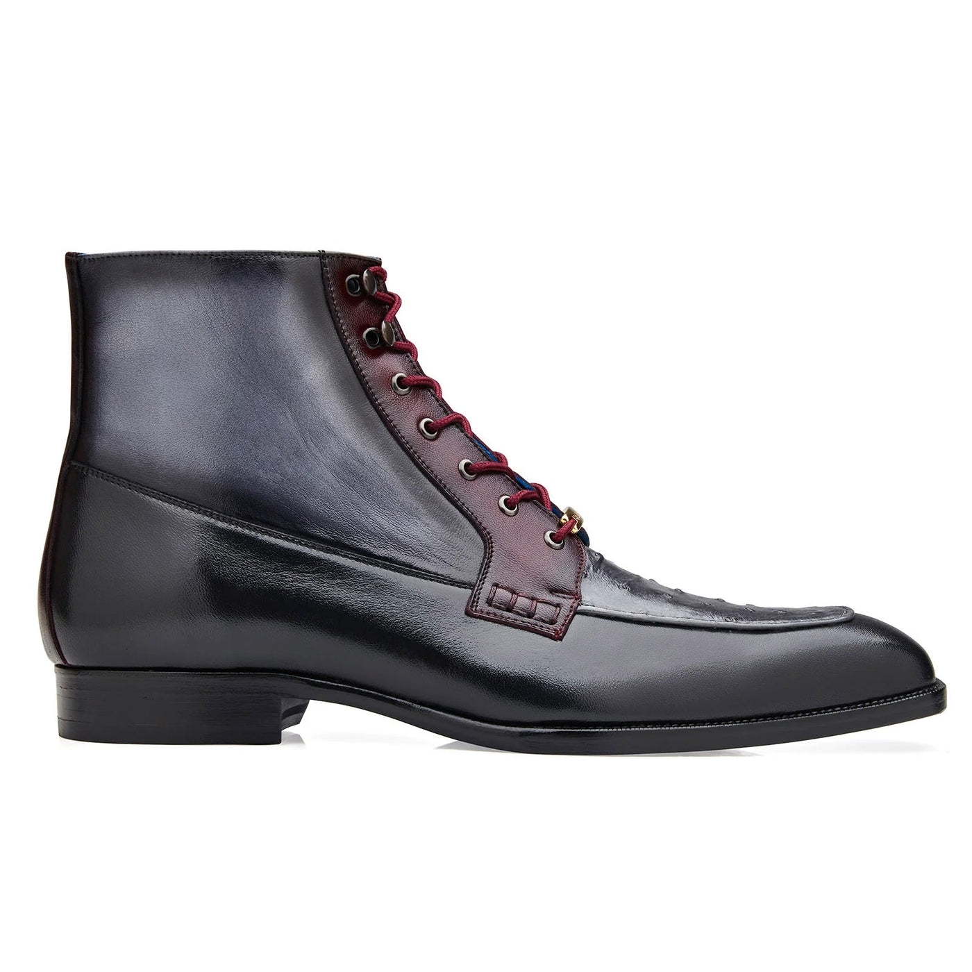 Men's Belvedere Greco Ostrich Quill & Italian Leather Dress Boot in Black & Burgundy