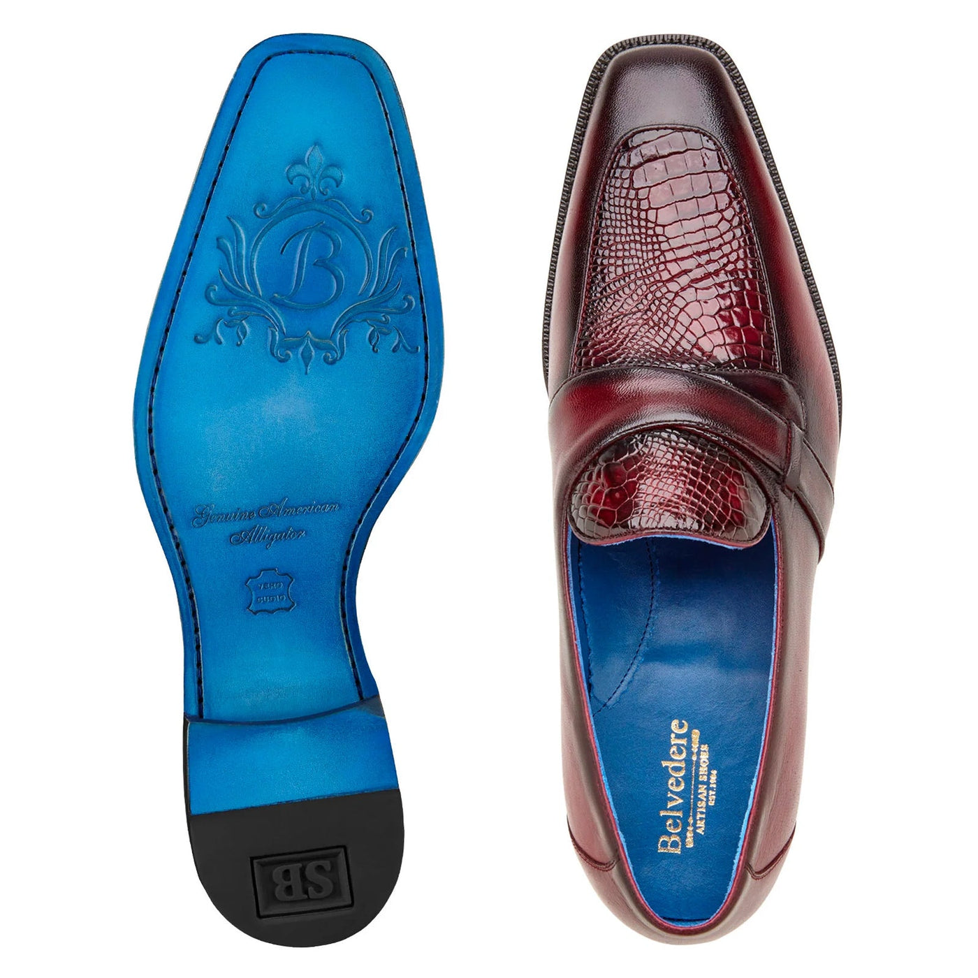 Men's Belvedere Tornado Alligator & Calfskin Slip On Dress Loafer in Burgundy